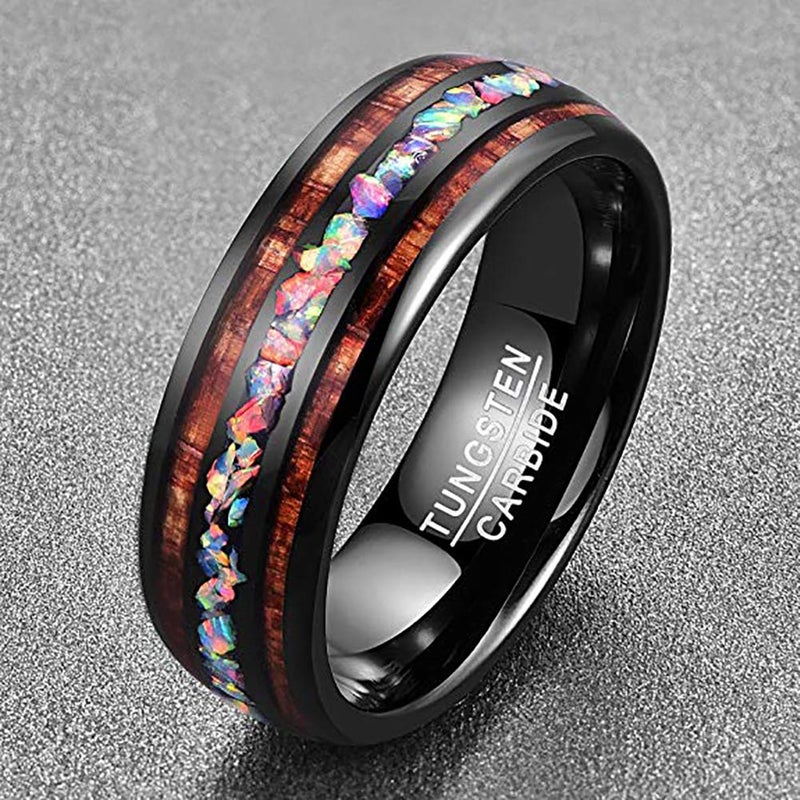 NUNCAD 8mm Black Tungsten Opal Ring with Hawaiian Koa Wood Wedding Ring Engagement Ring Promise Ring Size 10 - Image 2